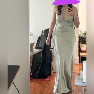 Meshki sage green floor length evening gown, satin formal dress, US size M